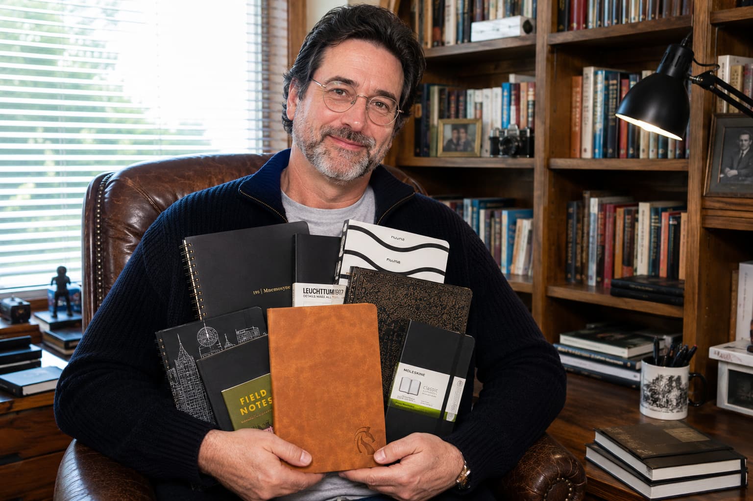 Roger Davis holding the full shortlist of writing journals in his study