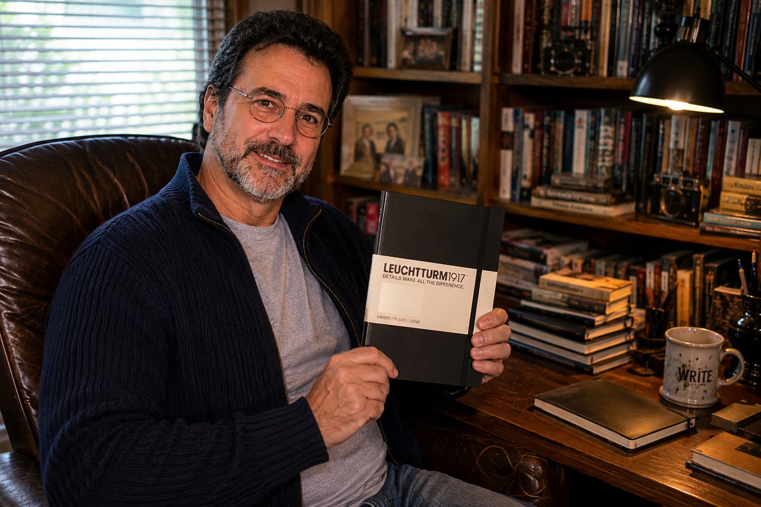 Roger Davis holding a black Leuchtturm1917 notebook in a book-lined writing study