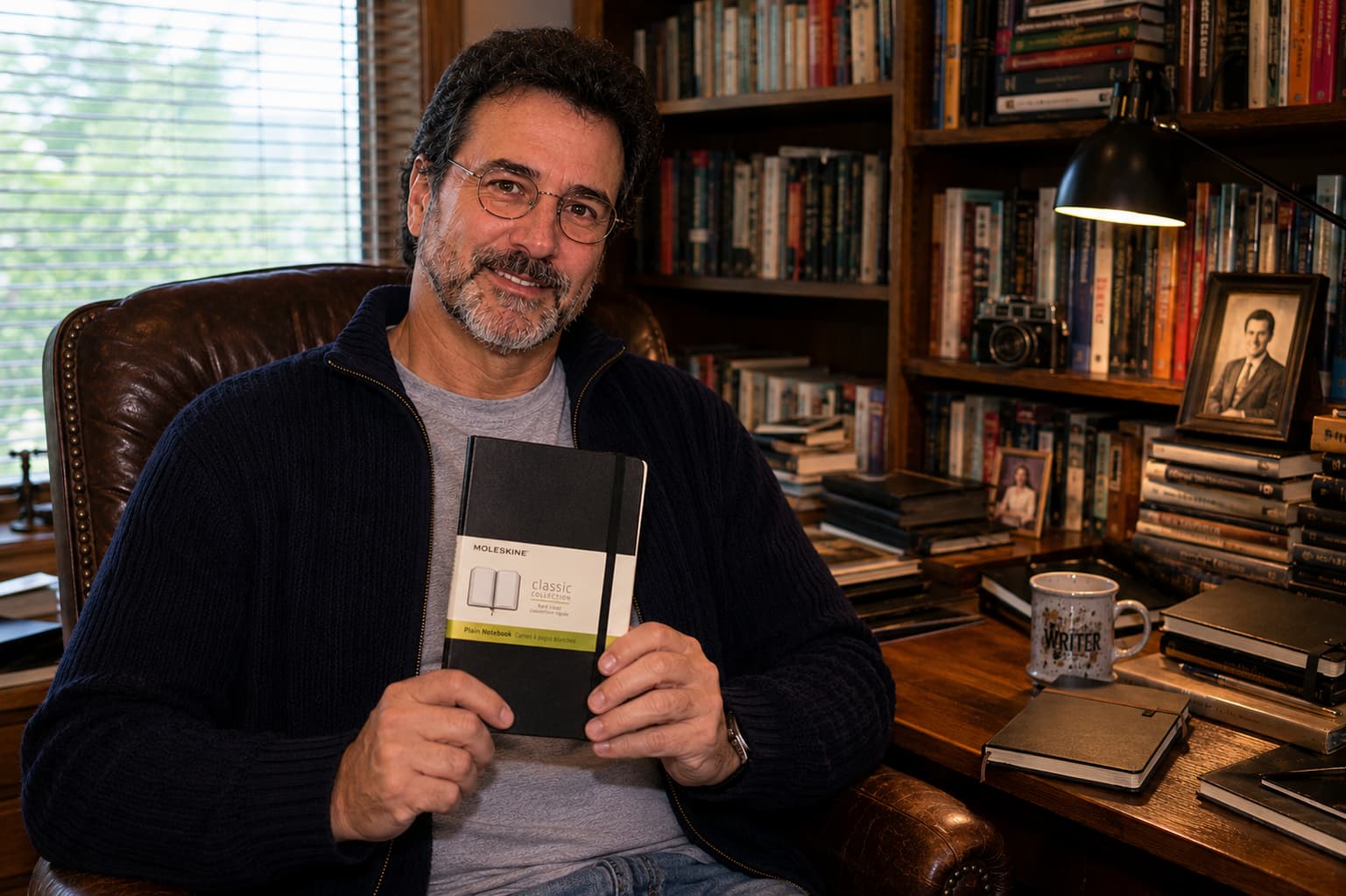 Roger Davis holding a black Moleskine Classic notebook in a book-lined writing study